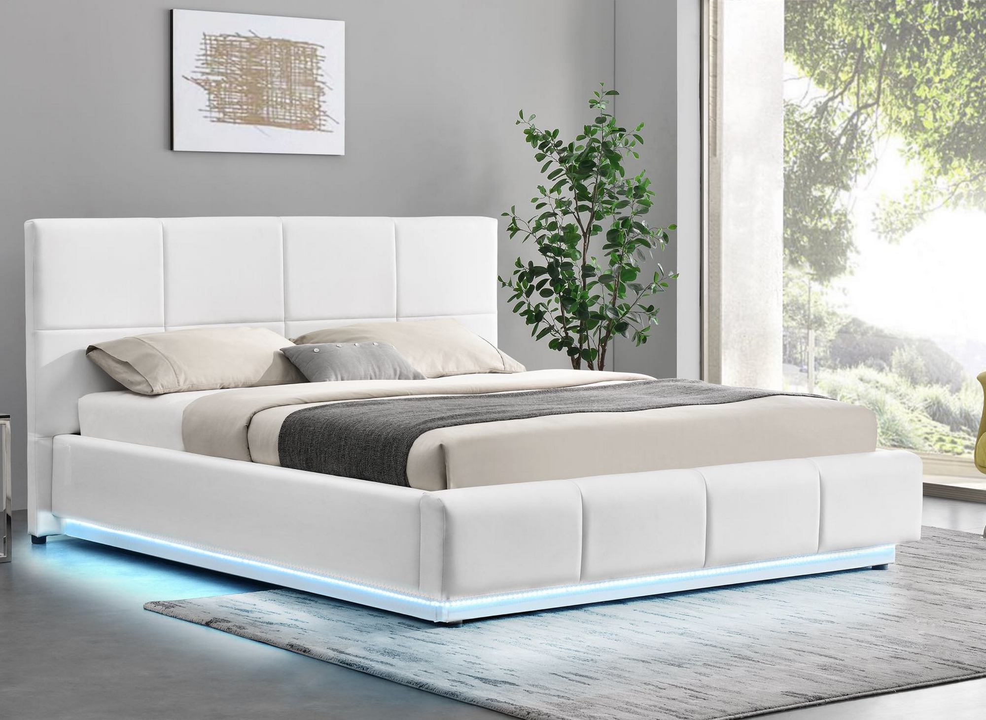 Lit 160x200 cm avec sommier coffre relevable, chevets et LEDs intégrées - 3D