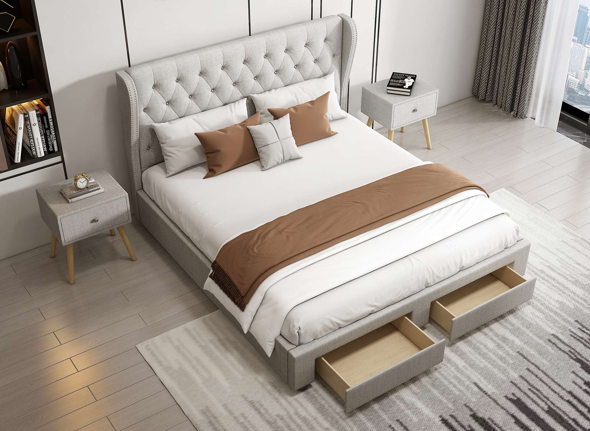 Lit double avec tiroirs de rangement en tissu beige capitonné 140x190 Lit double avec tiroirs de rangement en tissu beige capitonné 140x190