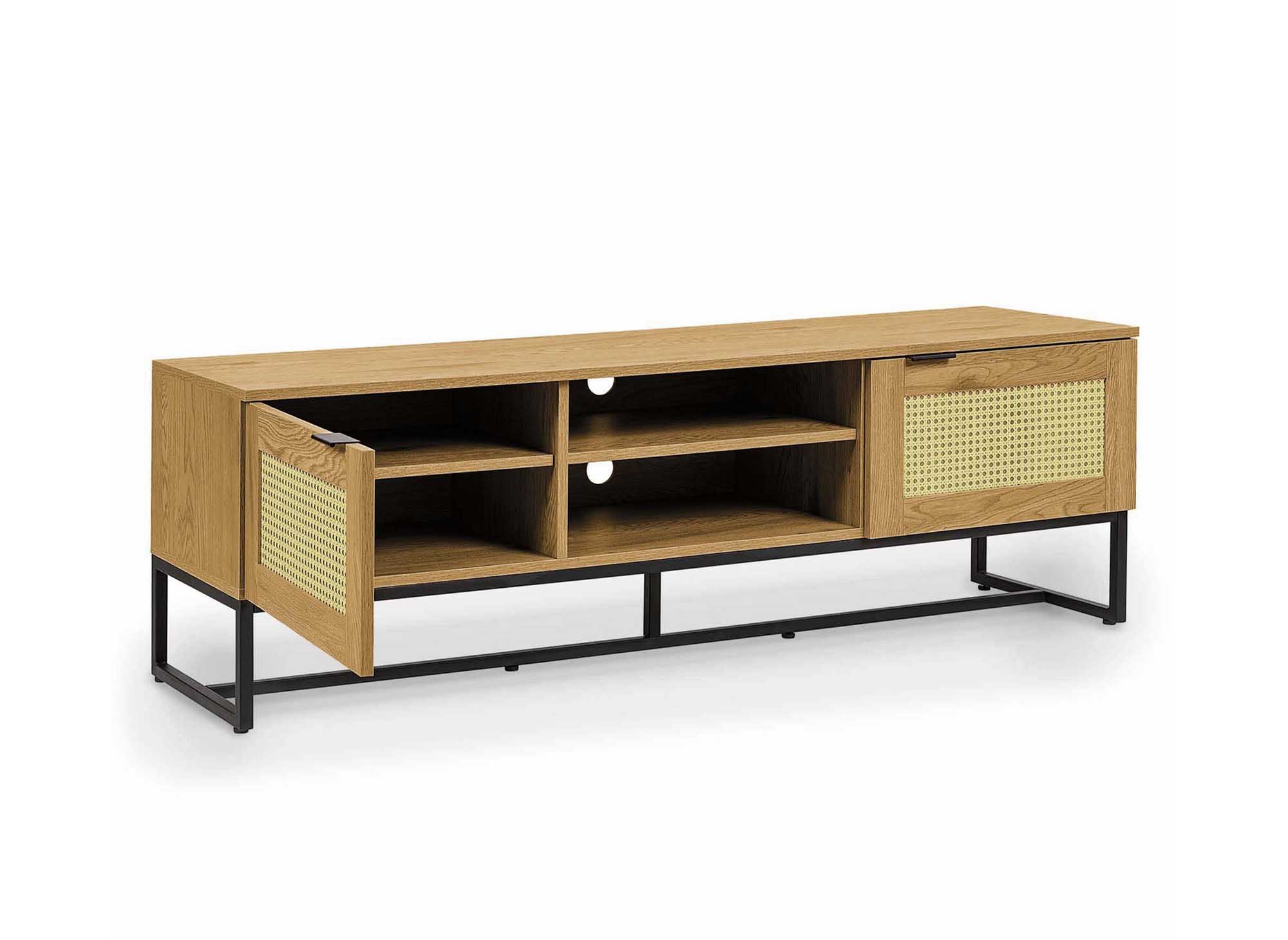 Meuble TV scandinave 2 portes en bois métal et cannage TULLIO