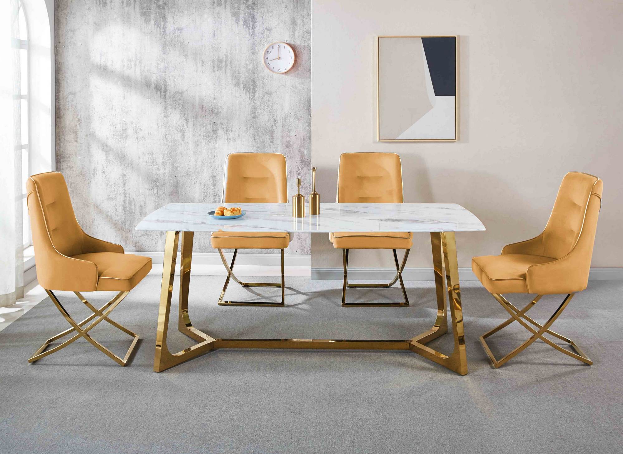 Table à manger design effet marbre blanc et doré JOHANNA