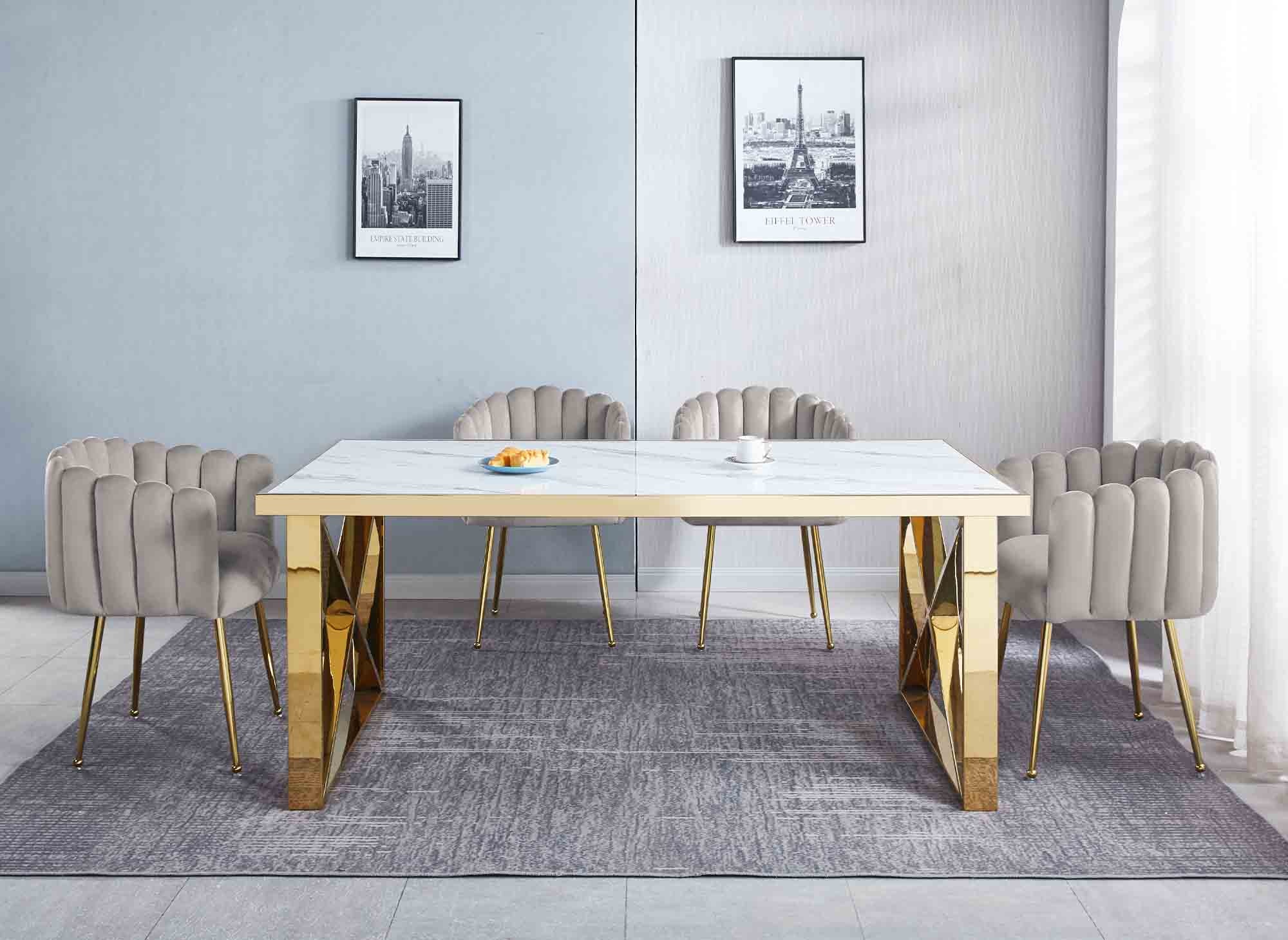 Table à manger rectangulaire effet marbre blanc et pieds dorés ISORE