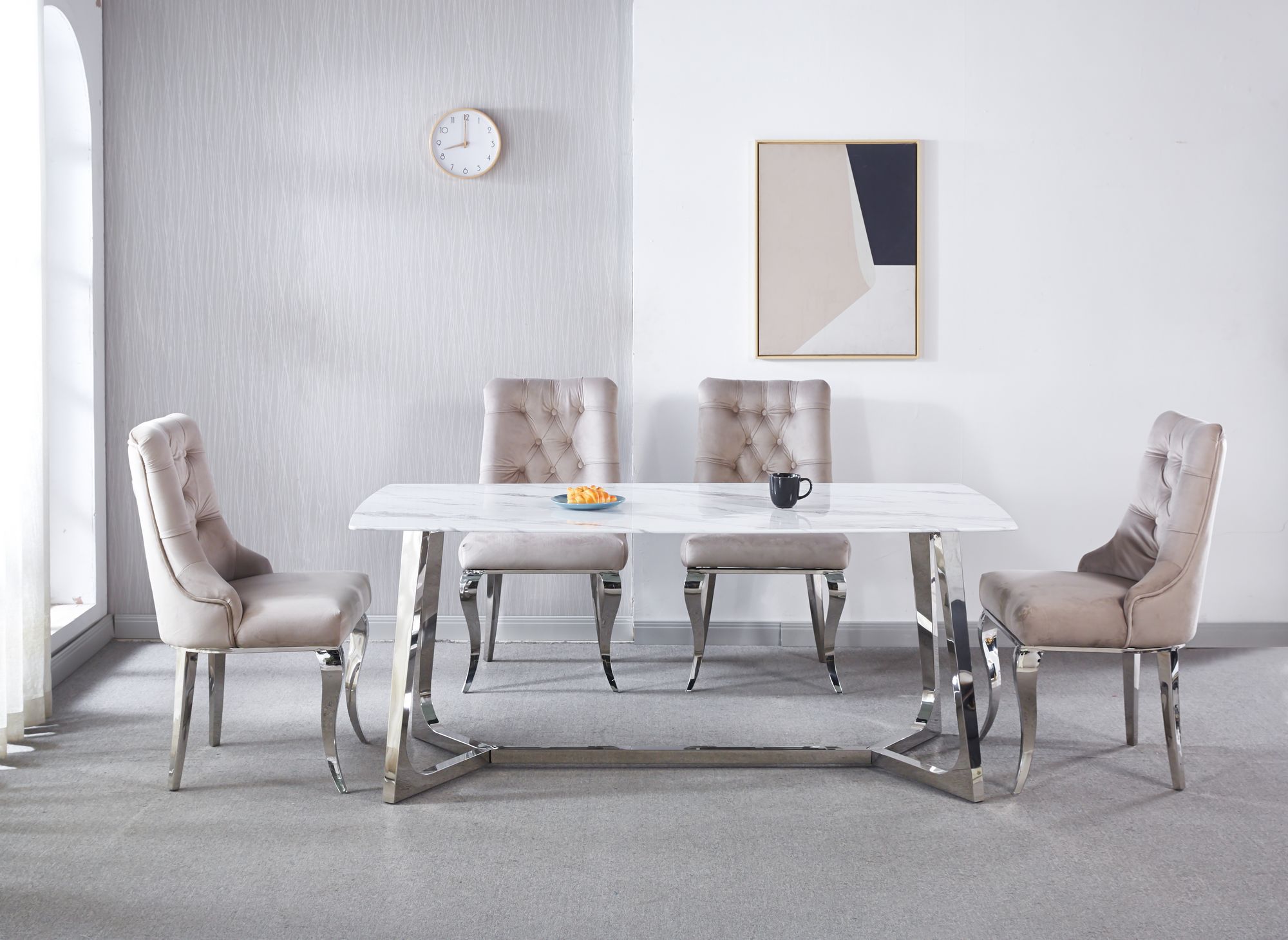 Table à manger rectangulaire design effet marbre blanc et argenté JOHANNA