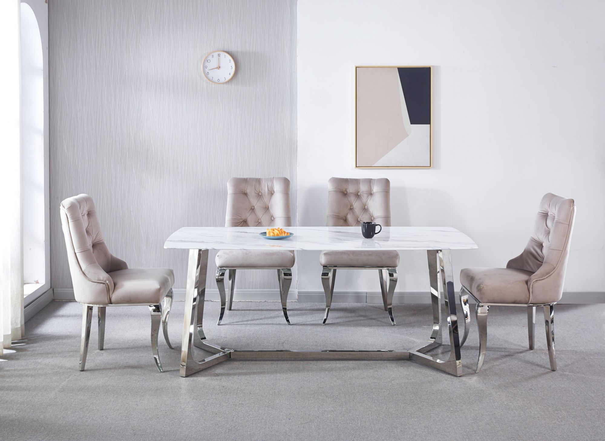 Table à manger design effet marbre blanc et argenté JOHANNA