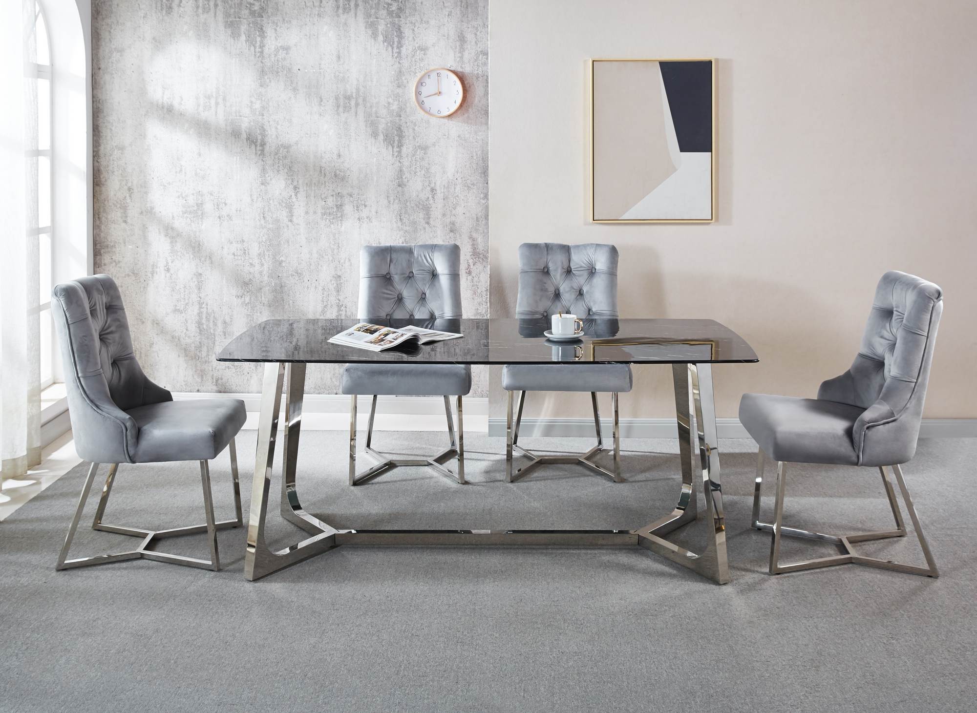 Table à manger rectangulaire design effet marbre noir et argenté JOHANNA