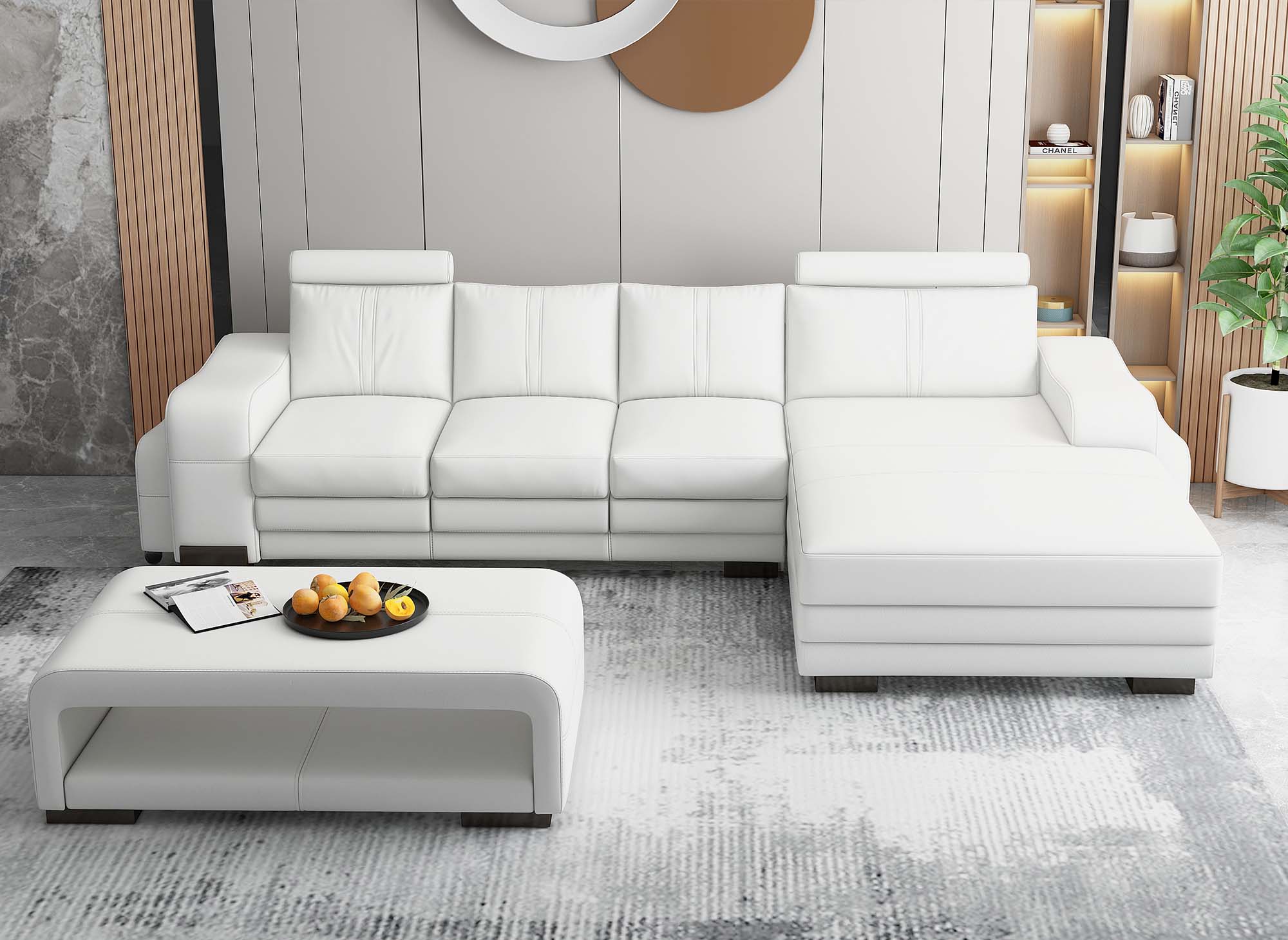 Canapé d'angle réversible en cuir blanc avec appuie tête relax HAVANE