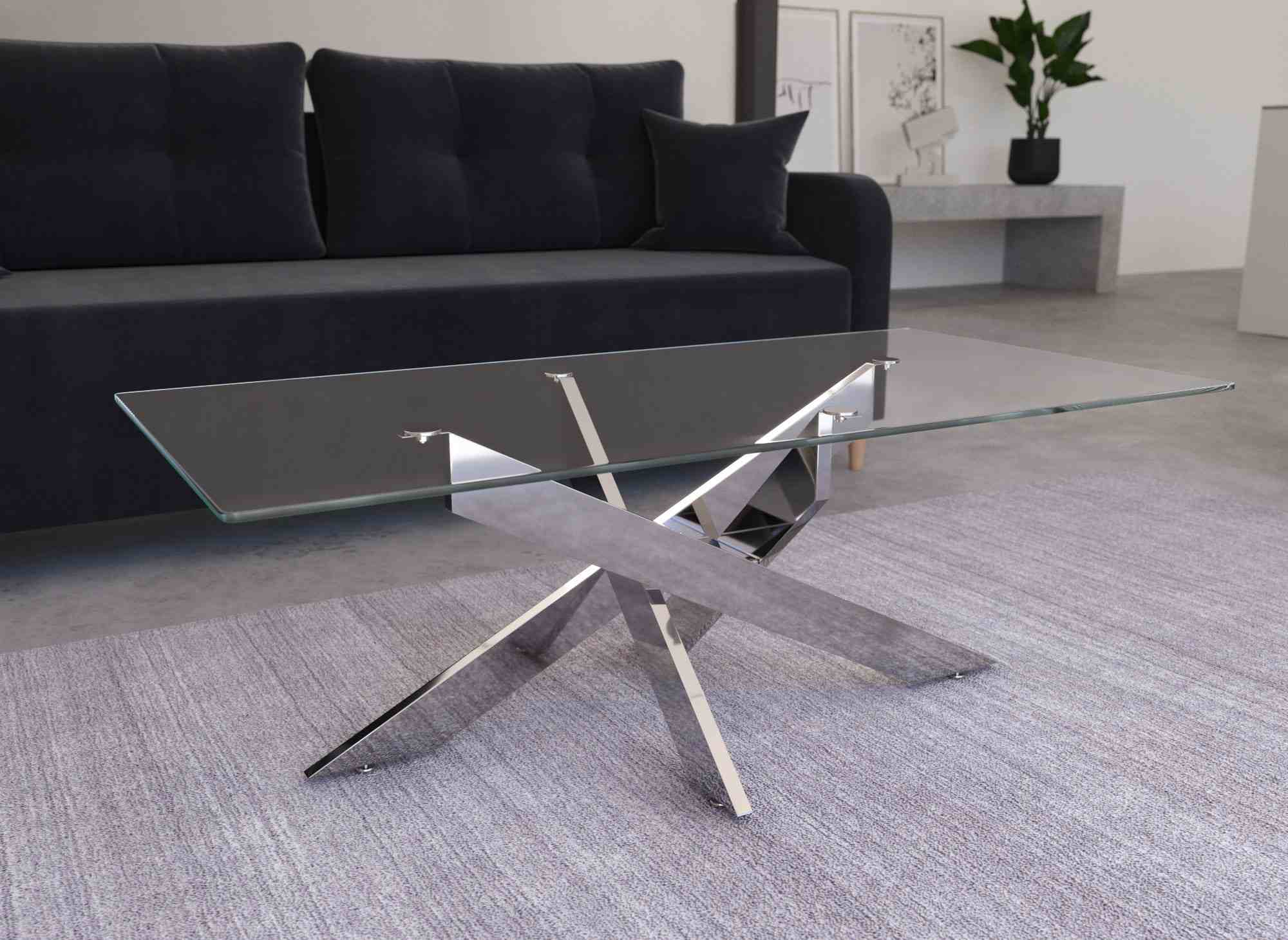 Table basse design rectangulaire en verre pieds argentés CONNOR