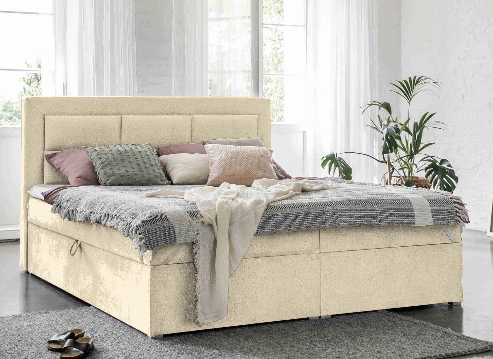 Lit boxspring 140x200 avec coffre de rangement en velours beige DAKOTA