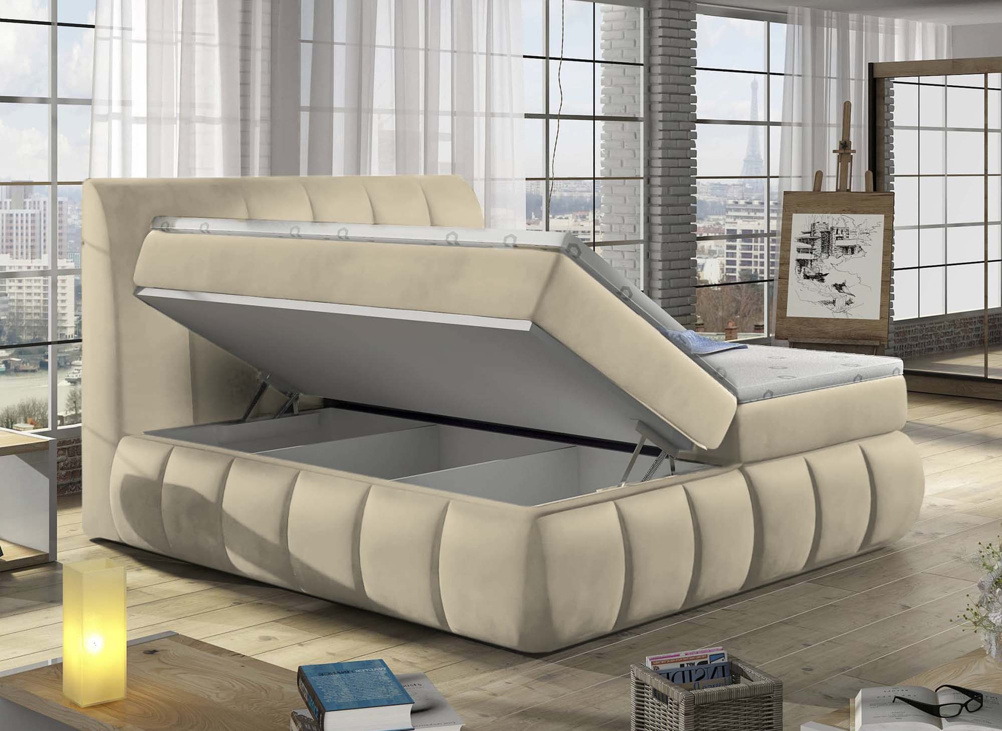 Lit boxspring 160x200 avec coffre de rangement en velours beige VALERIA