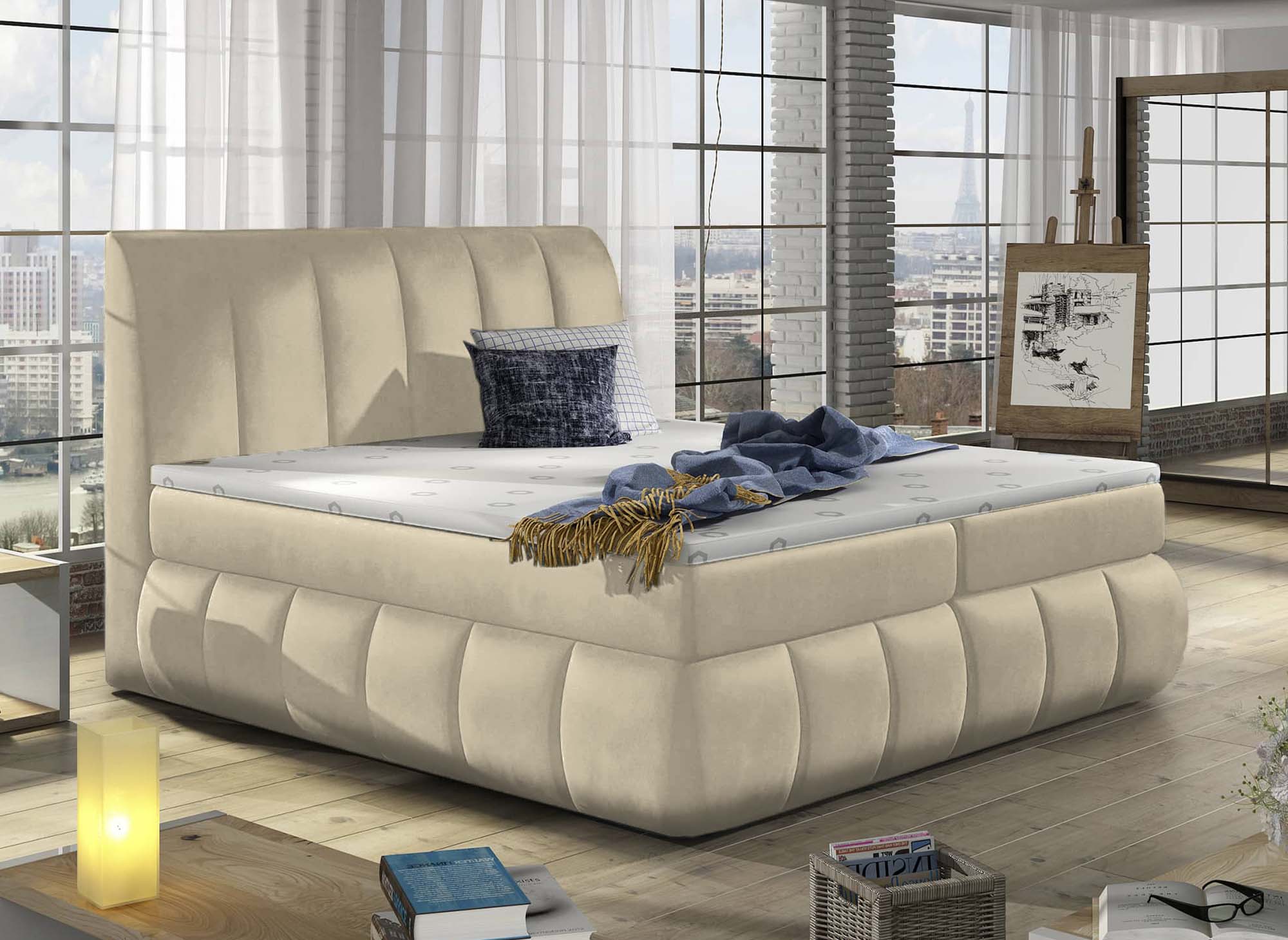 Lit boxspring 160x200 avec coffre de rangement en velours beige VALERIA