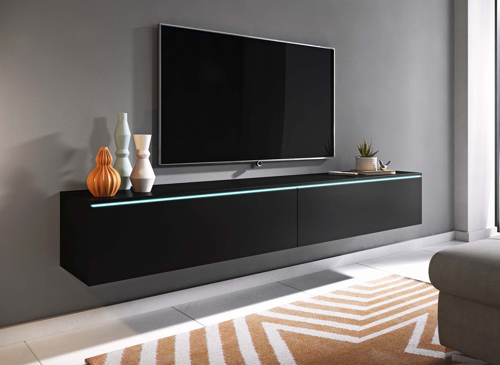 Meuble TV contemporain noir avec LED 2 portes MALORIE - 180 cm