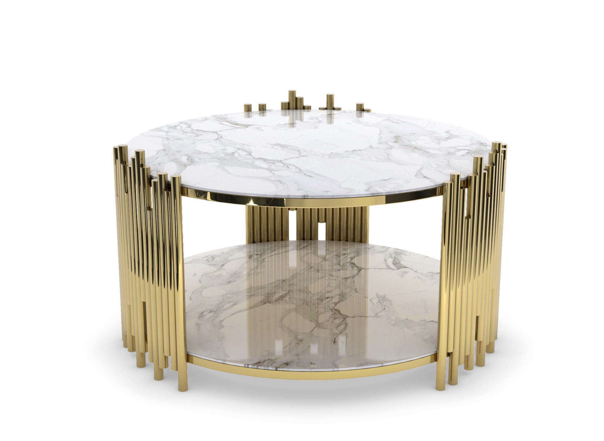 Table basse ronde en verre effet marbre blanc et métal doré ORIANA