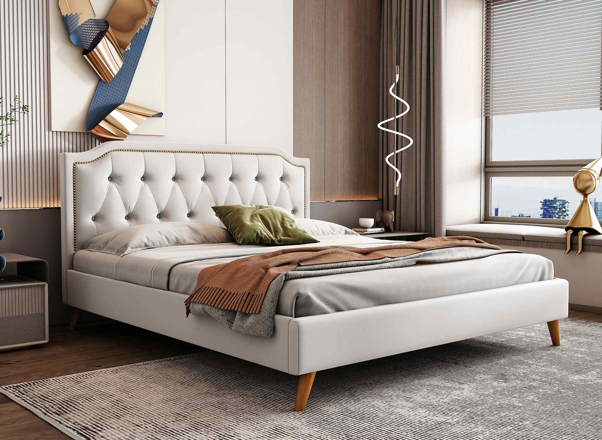 Lit double capitonné en velours beige 140x190 cm HAILEY Lit double capitonné en velours beige 140x190 cm HAILEY