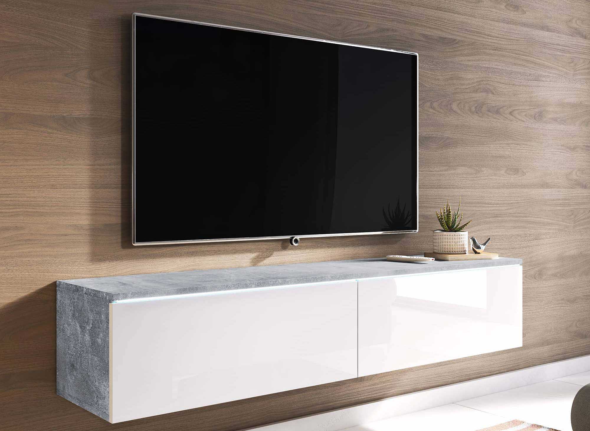 Meuble TV contemporain béton et laqué blanc avec LED 2 portes MALORIE - 140 cm