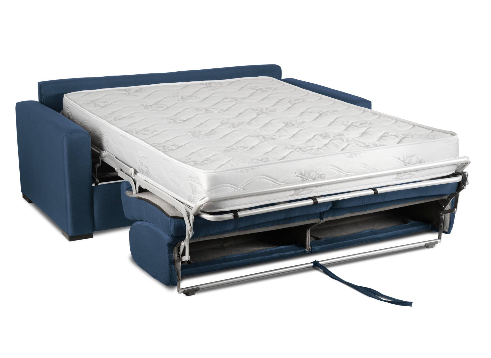 Canapé convertible 3 places LOUNA LUXE en tissu bleu denim ouverture express matelas 18 cm