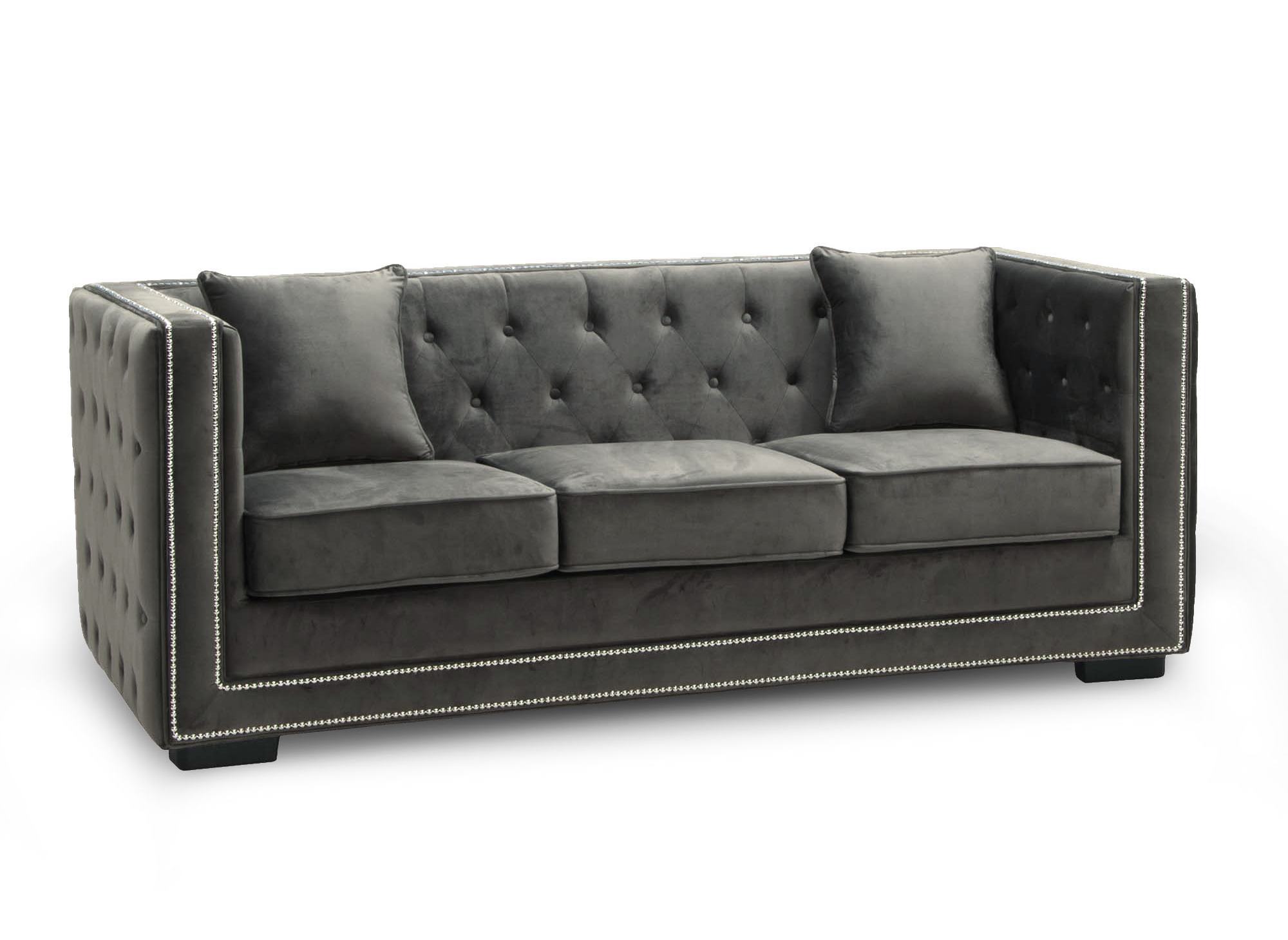 Canapé 3 places capitonné chesterfield design en velours gris CUBE