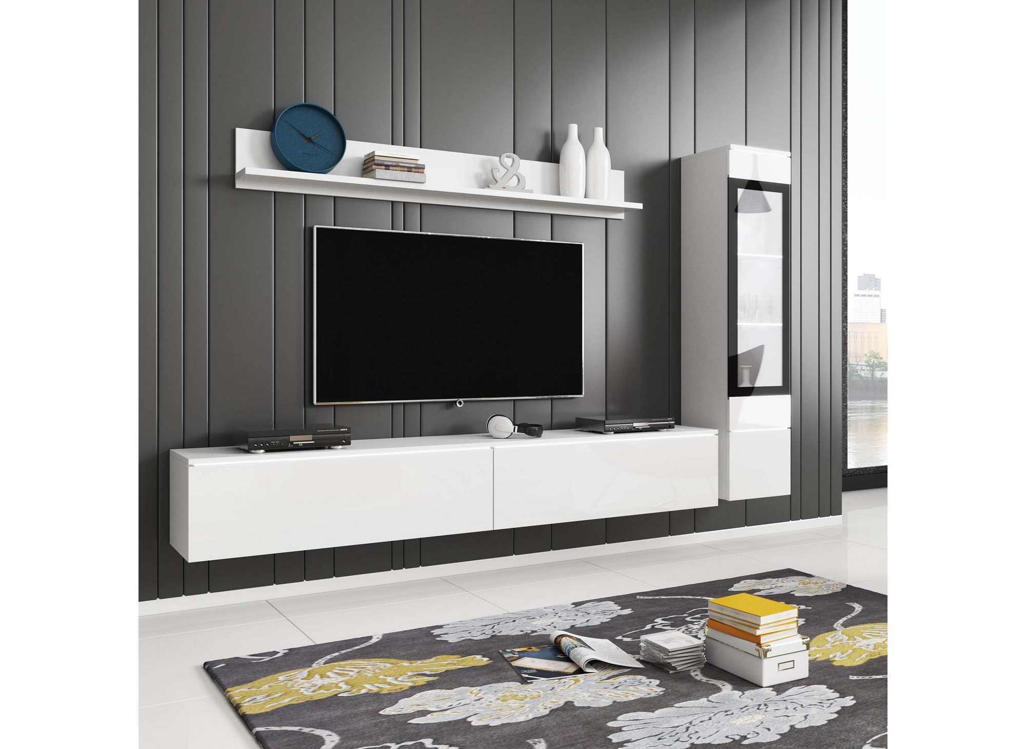 Meuble TV contemporain blanc laqué avec LED - VERONICA