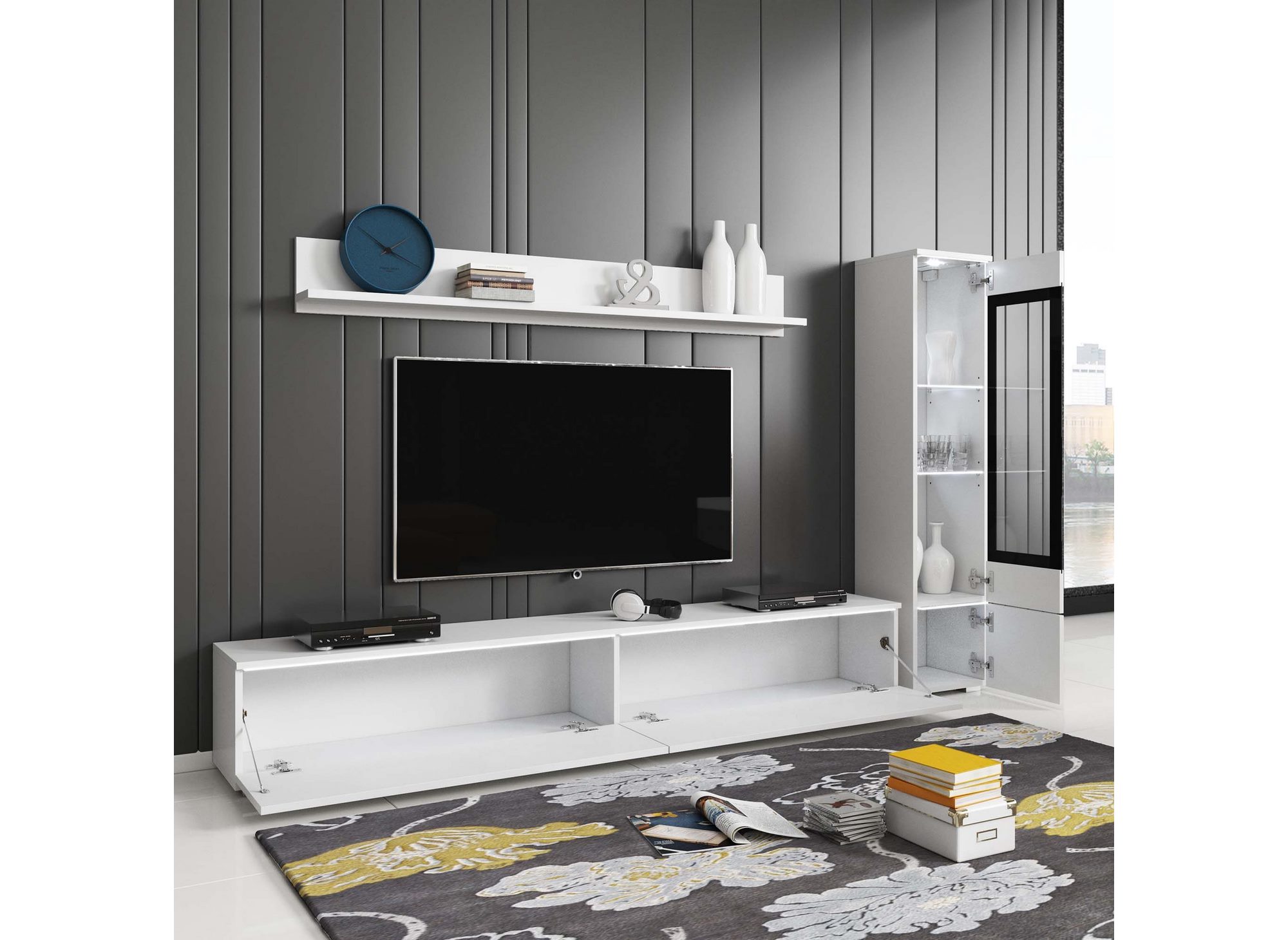 Meuble TV contemporain blanc laqué avec LED - VERONICA