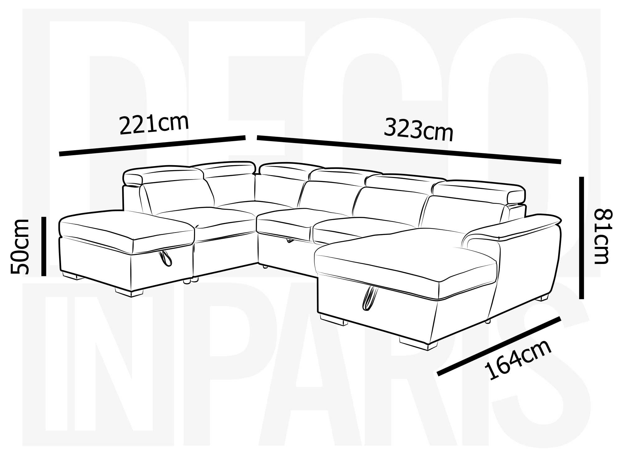 Canapé convertible et panoramique avec coffre de rangement en tissu gris OLIVER - Angle Droit