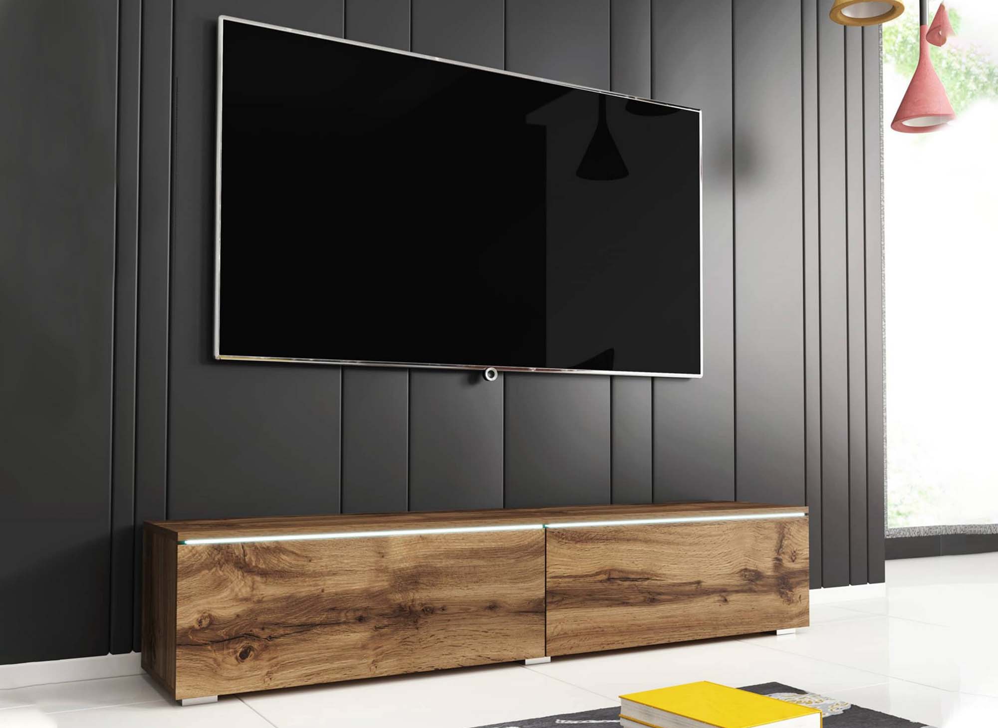 Meuble TV contemporain en chêne avec LED 2 portes MALORIE - 180 cm