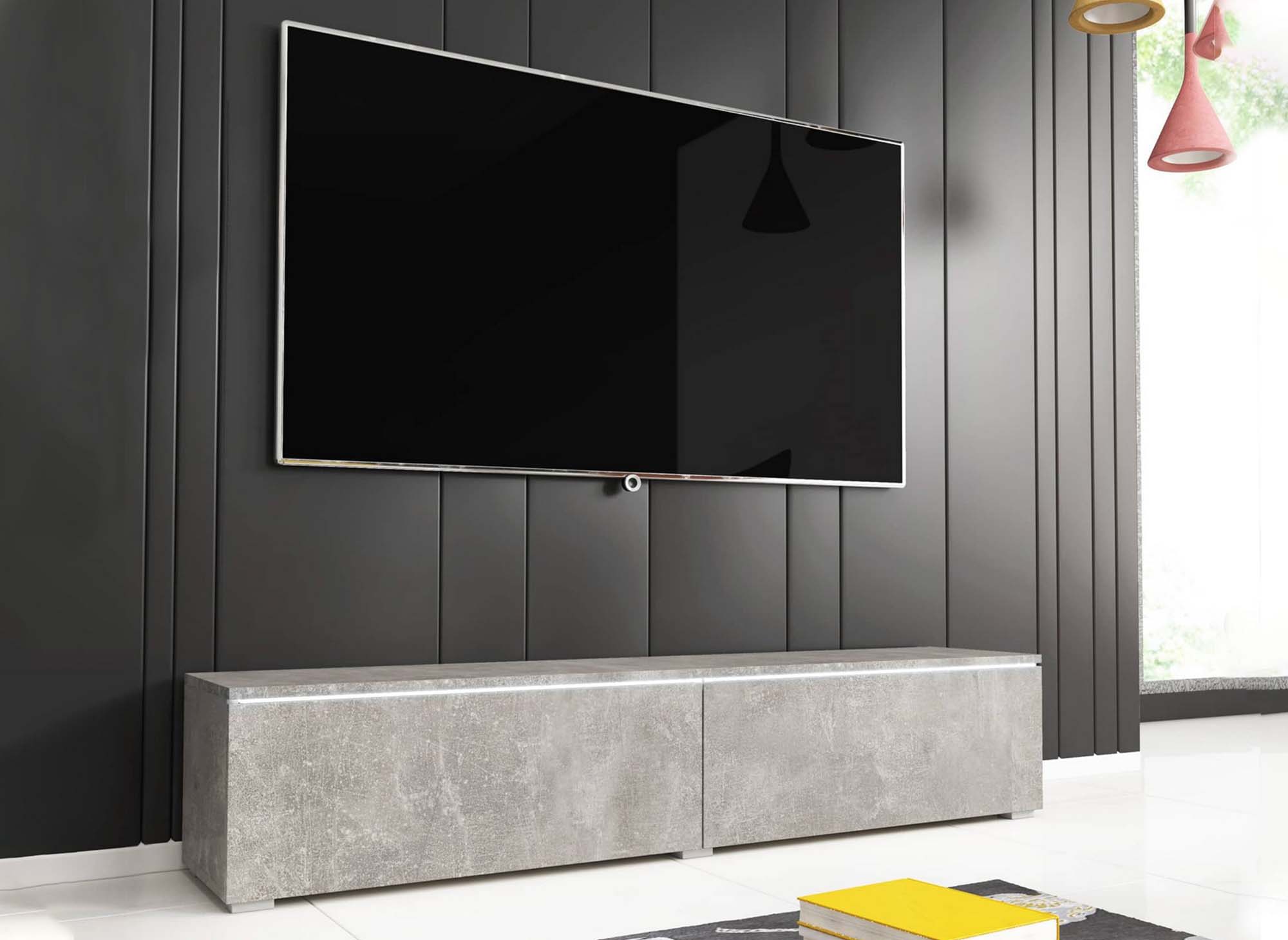 Meuble TV contemporain gris béton avec LED 2 portes MALORIE - 180 cm