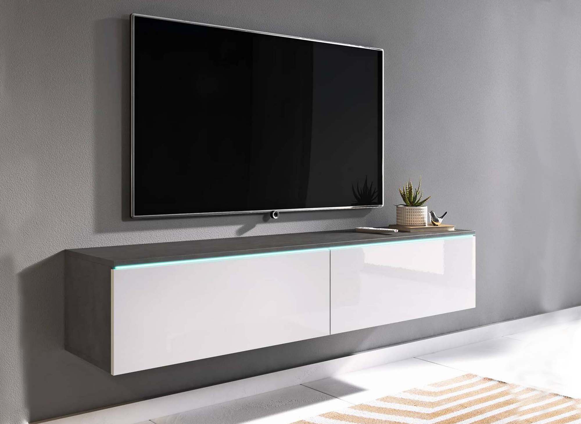Meuble TV contemporain gris et blanc avec LED 2 portes MALORIE