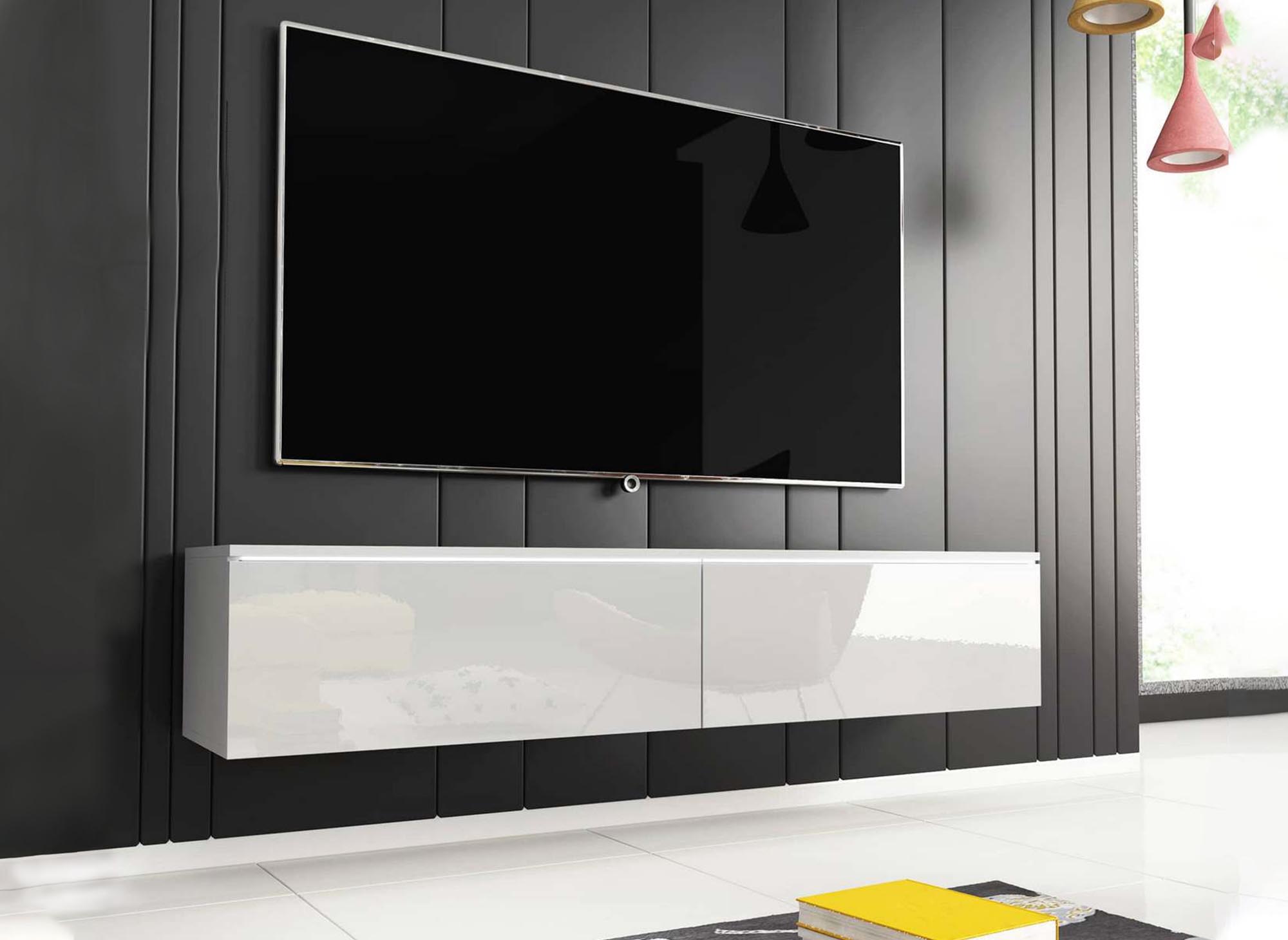 Meuble TV contemporain laqué blanc avec LED 2 portes MALORIE - 180 cm