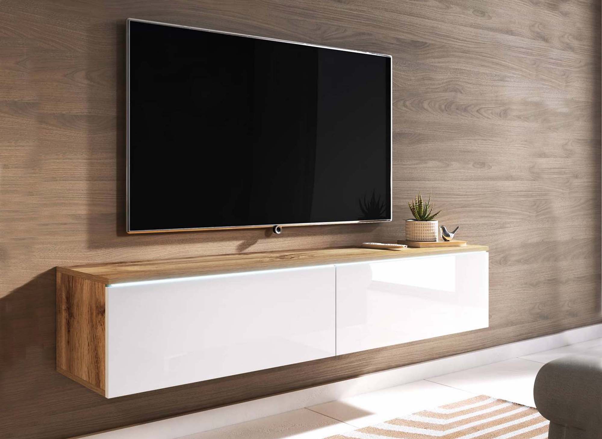 Meuble TV contemporain en chêne et blanc avec LED 2 portes MALORIE - 180 cm