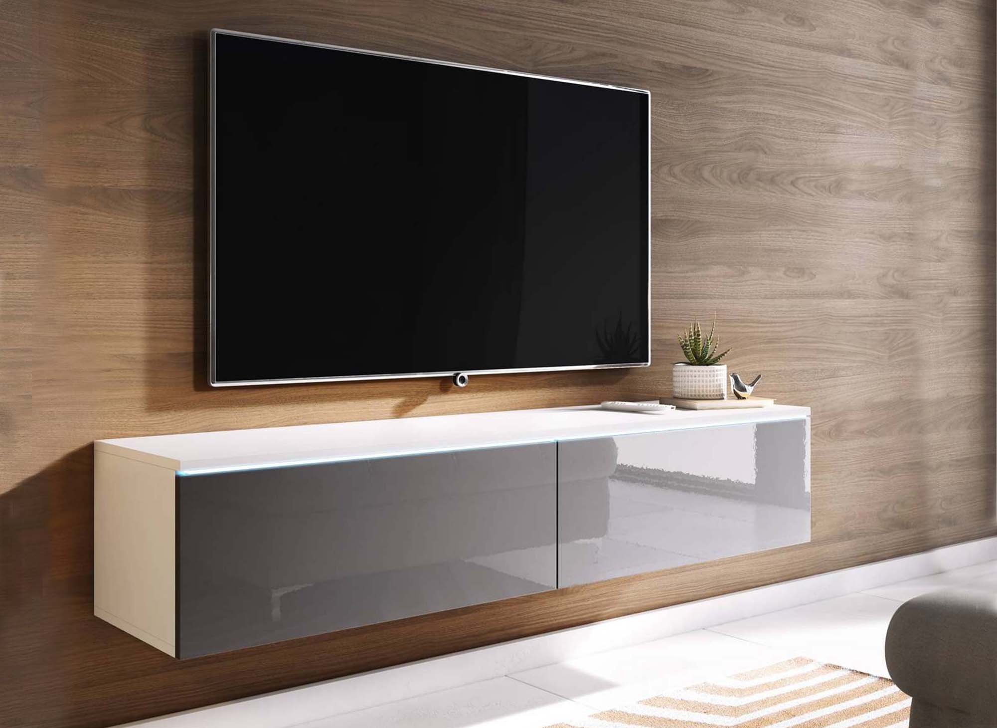 Meuble TV contemporain laqué gris et blanc avec LED 2 portes MALORIE - 140 cm