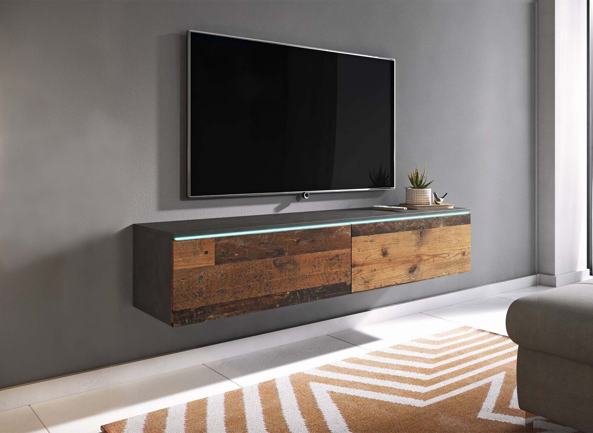 Meuble TV contemporain anthracite et chêne avec LED 2 portes MALORIE - 140 cm