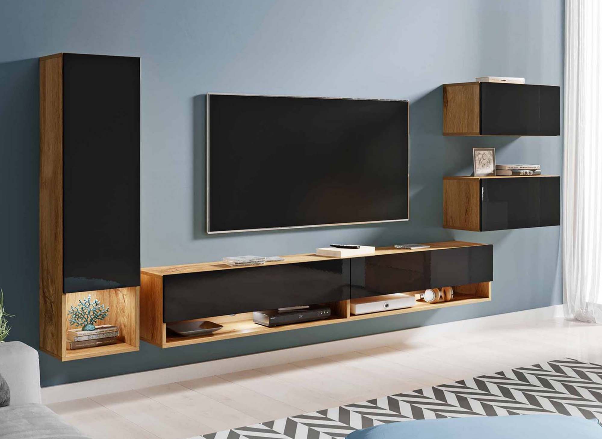 Meuble TV contemporain chêne noir laqué avec LED - AMANDA
