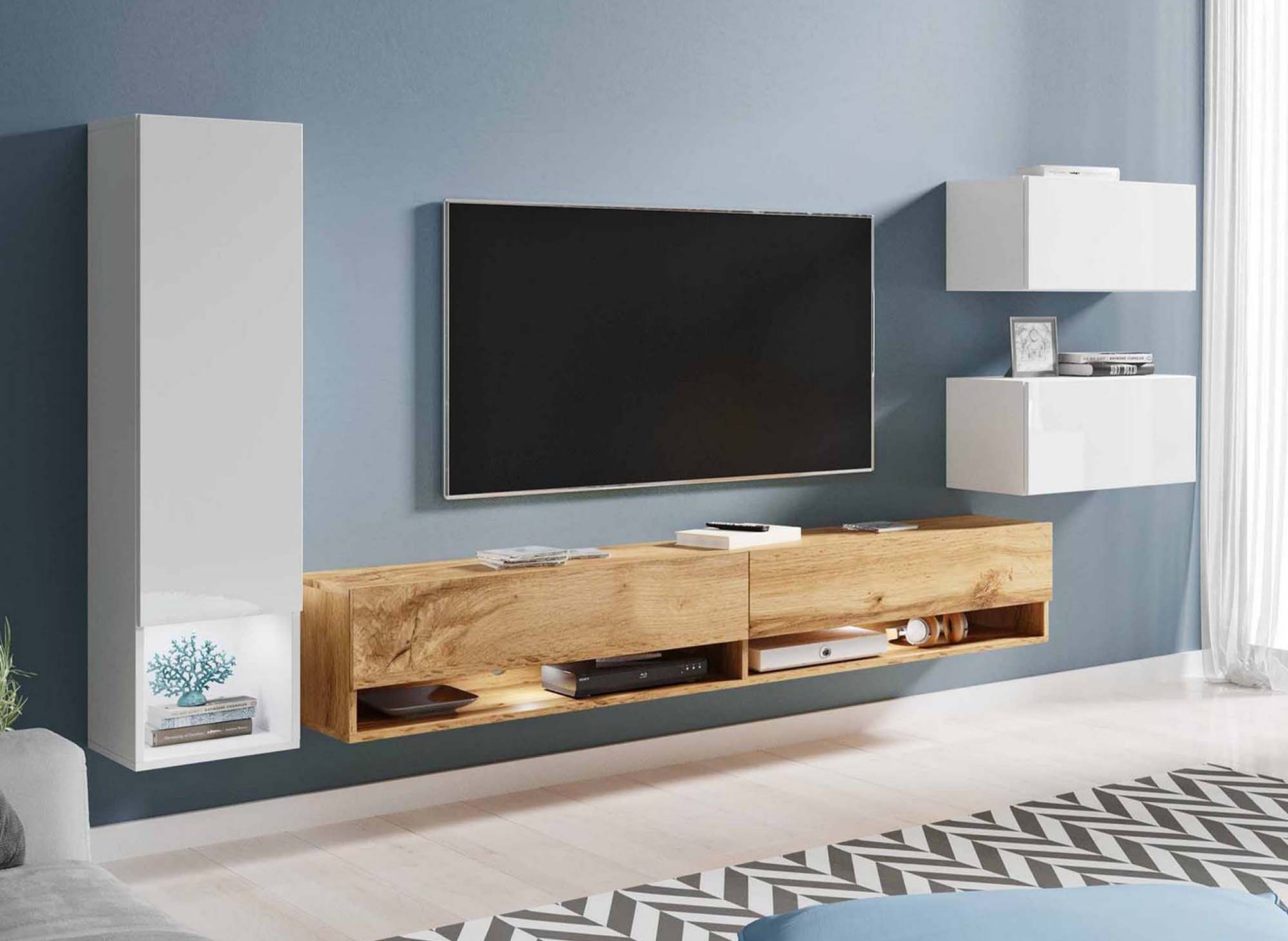 Meuble TV contemporain chêne et blanc laqué avec LED - AMANDA