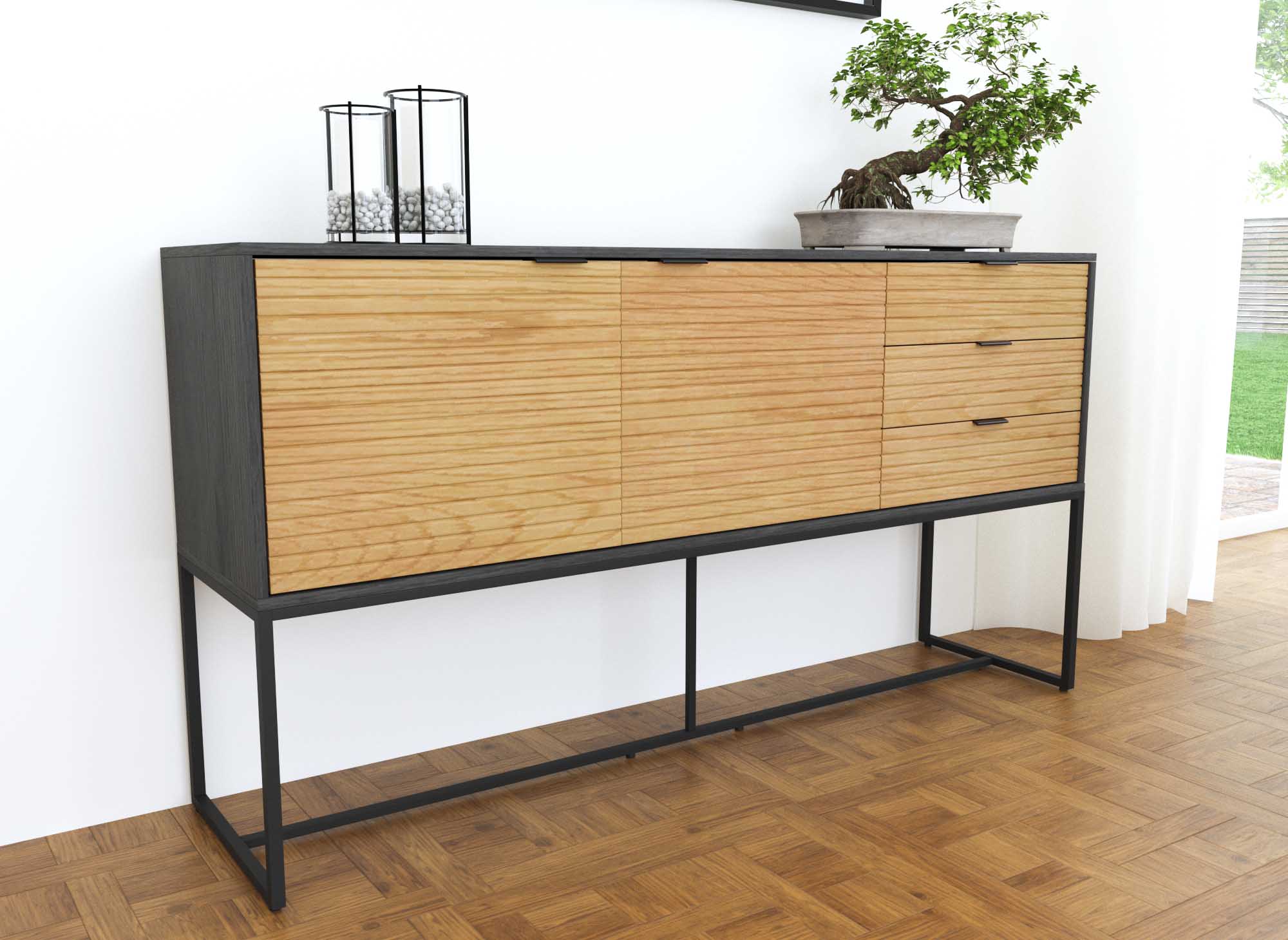 Buffet en enfilade 3 tiroirs 2 portes en bois clair et métal noir TISSIA