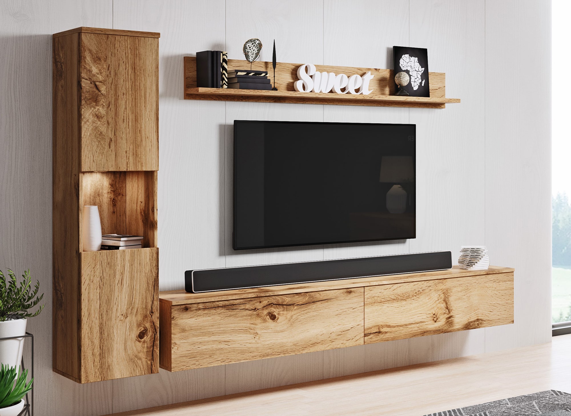 Meuble TV contemporain chêne avec LED-ELIOTE