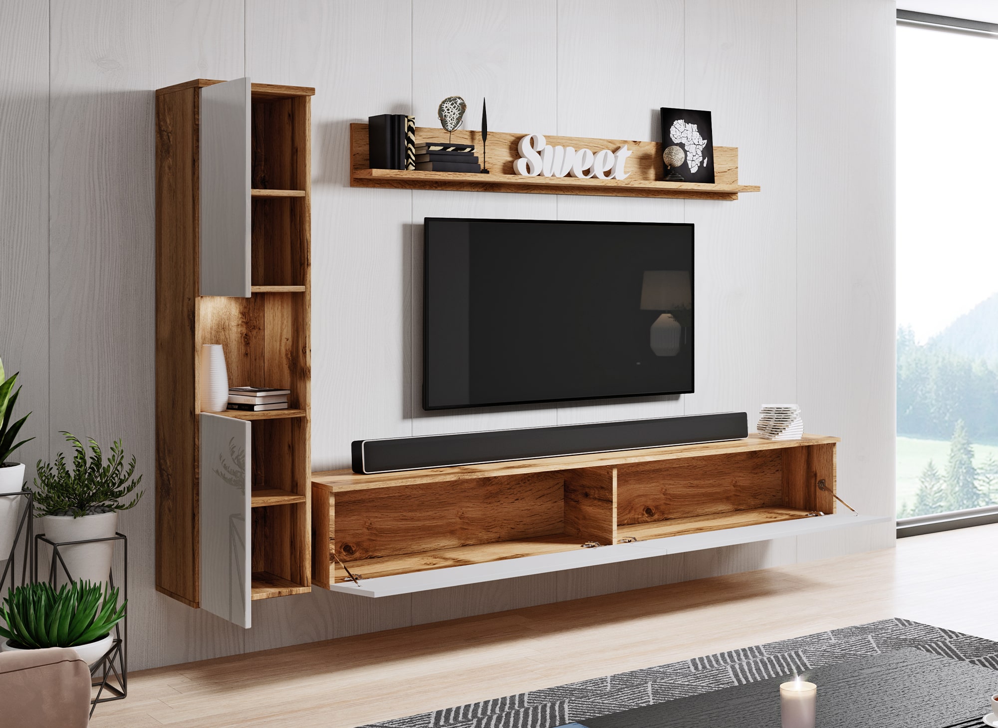 Meuble TV contemporain chêne et blanc finition brillant avec LED-ELIOTE