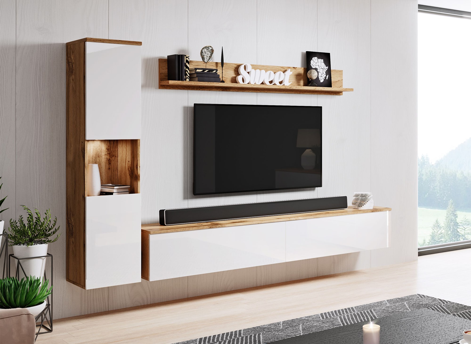 Meuble TV contemporain chêne et blanc finition brillant avec LED-ELIOTE