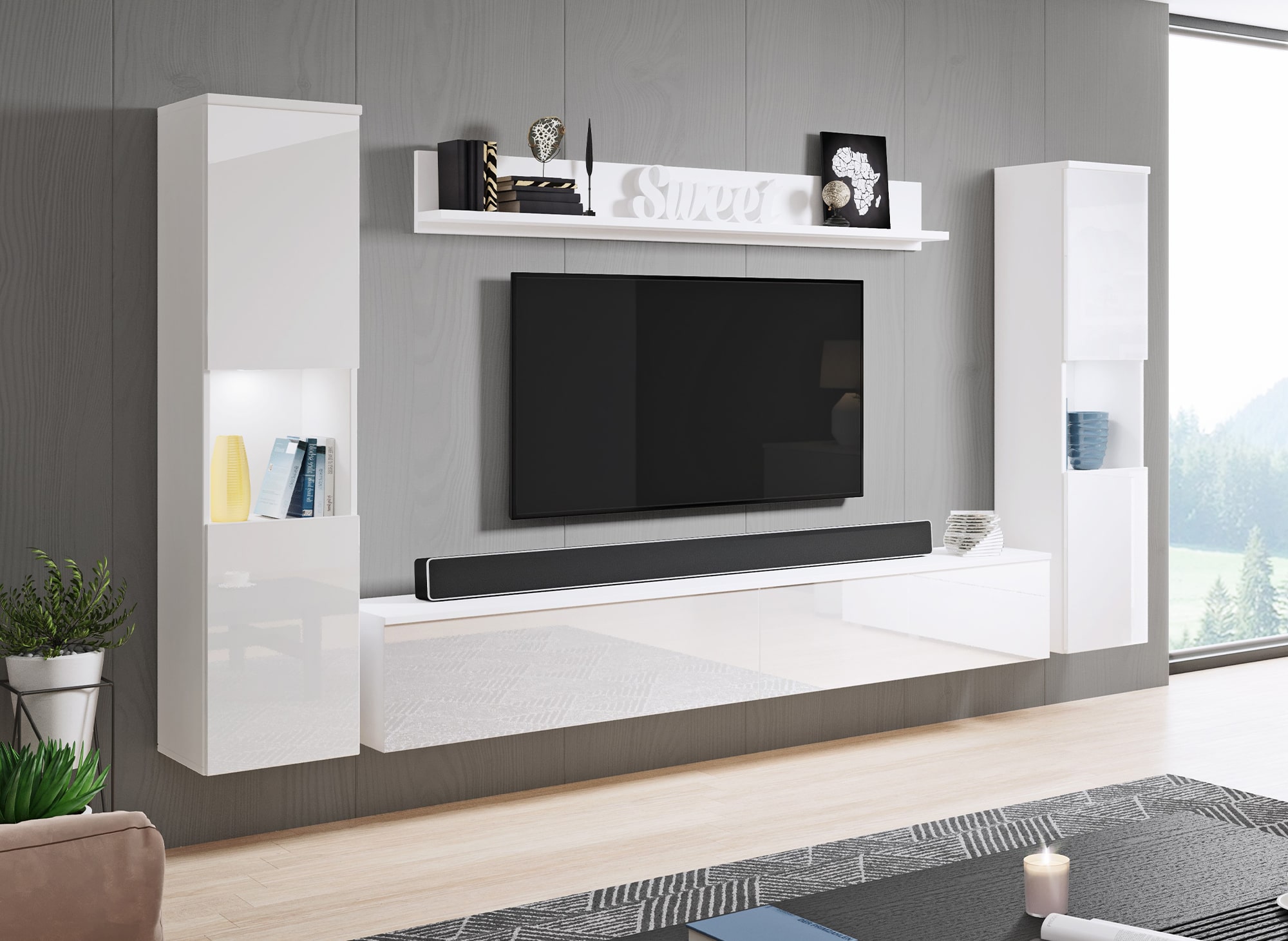Meuble TV contemporain blanc finition brillant avec LED-ELIOTE XL