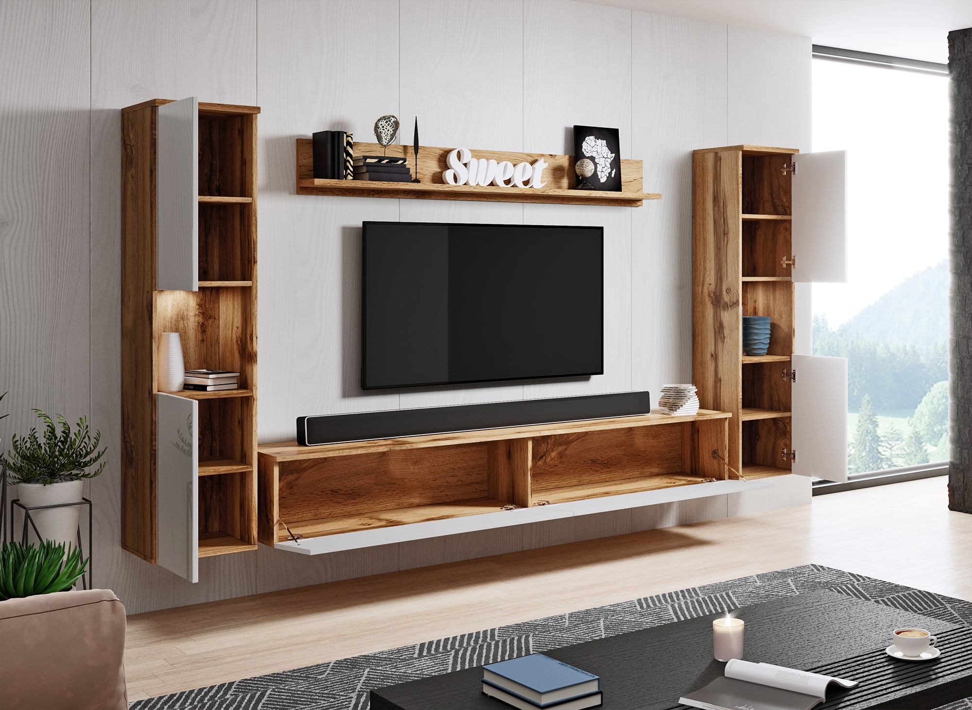 Meuble TV contemporain chêne et blanc finition brillant avec LED-ELIOTE XL