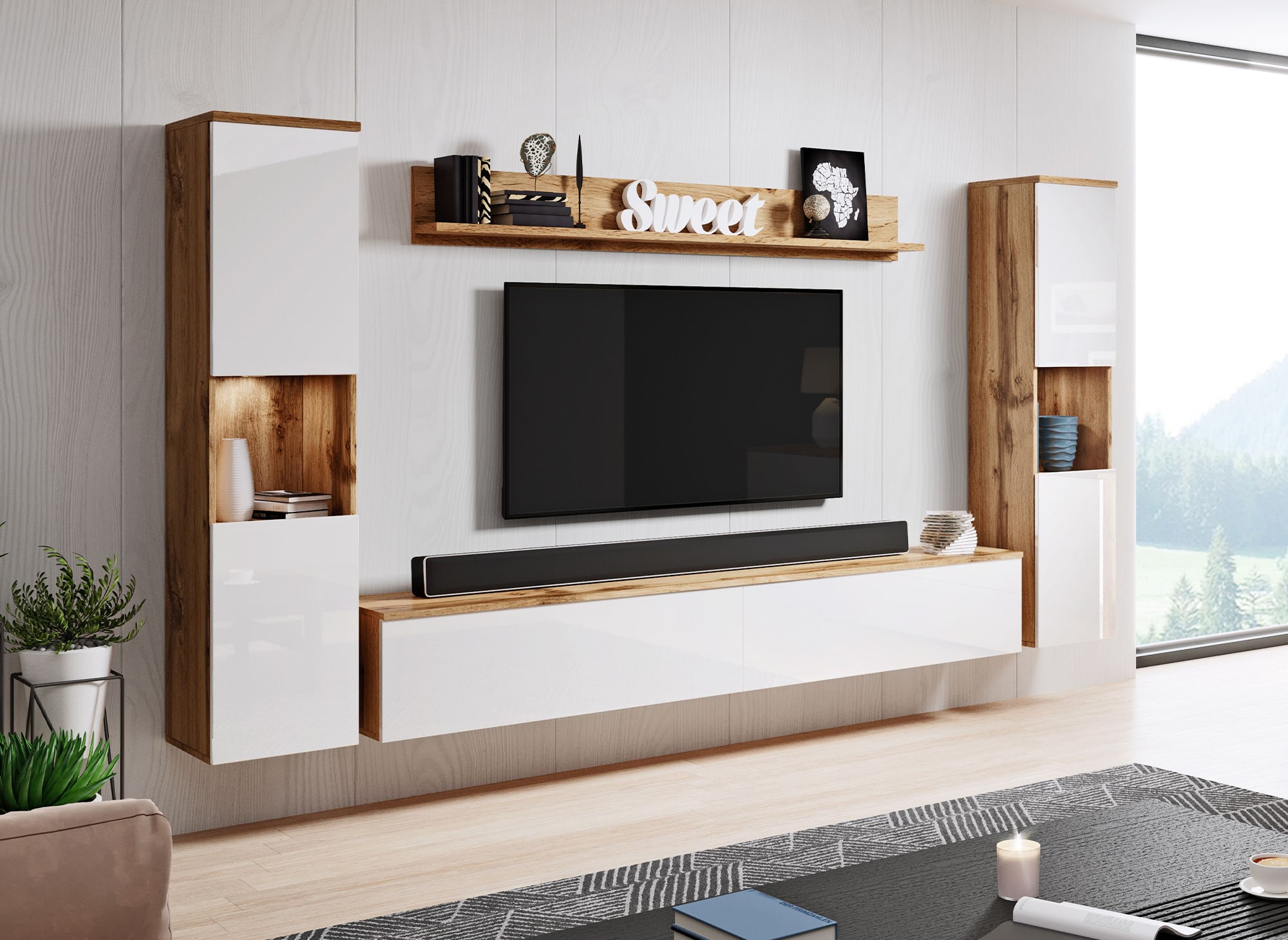 Meuble TV contemporain chêne et blanc finition brillant avec LED-ELIOTE XL