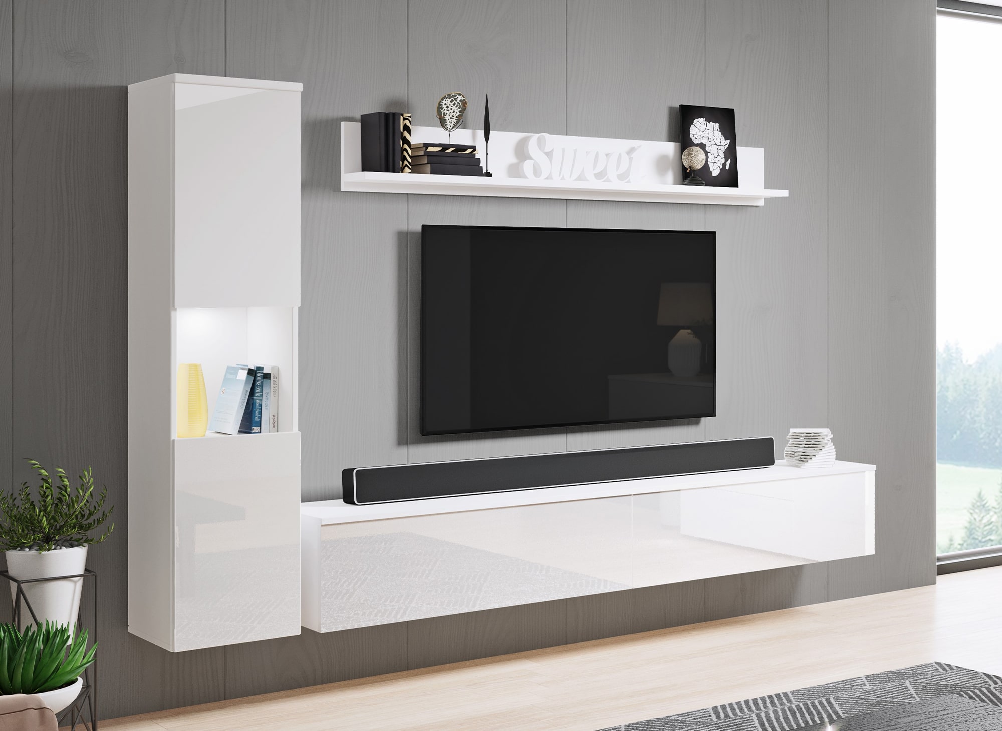 Meuble TV contemporain blanc finition brillant avec LED-ELIOTE