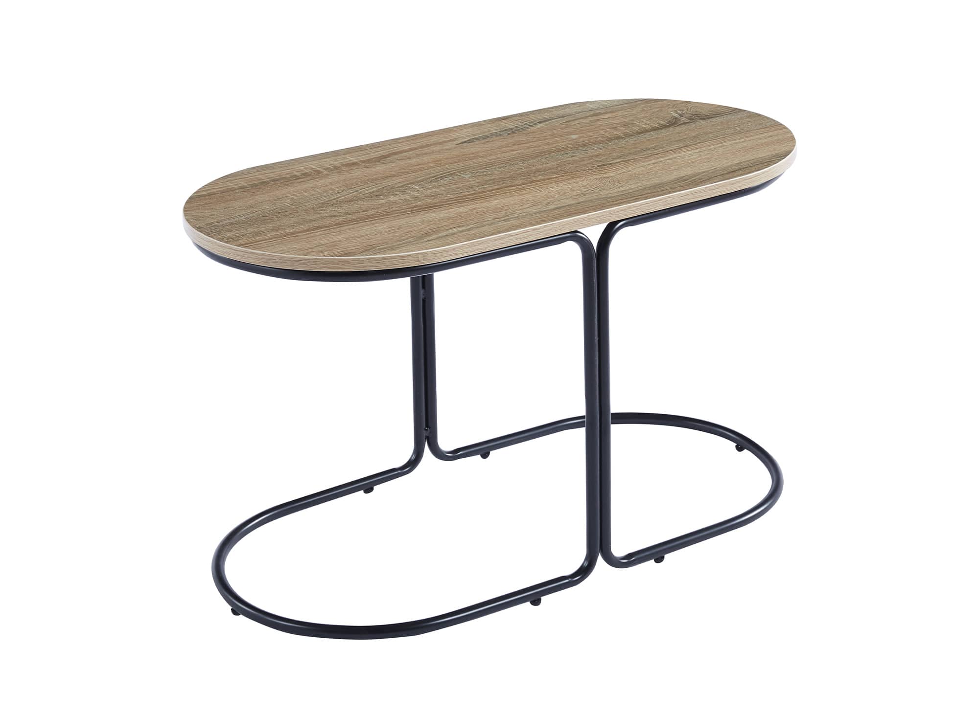 Ensemble table basse couleur bois avec 2 poufs en tissu gris foncé  JUDITH