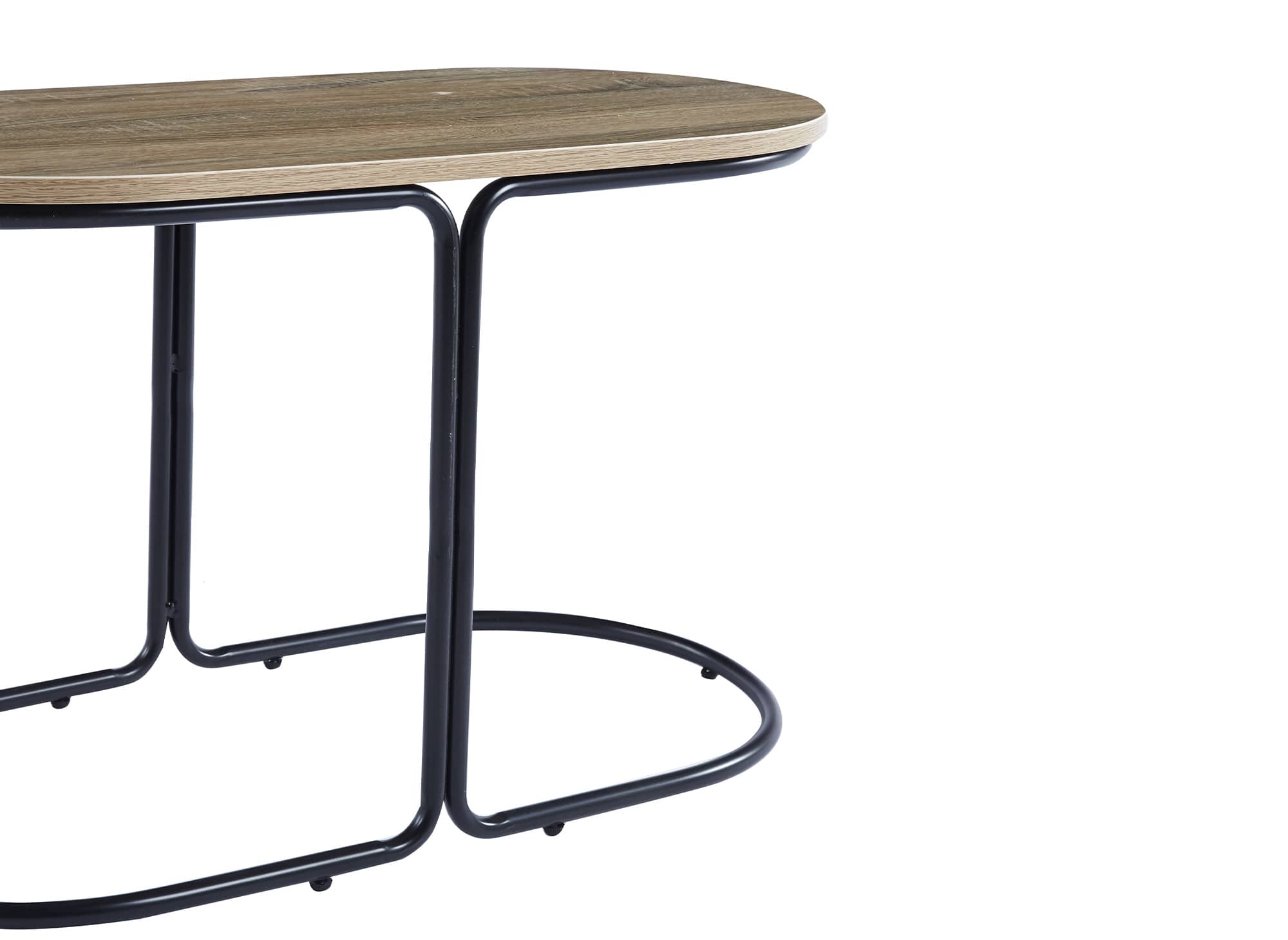 Ensemble table basse couleur bois avec 2 poufs en tissu gris foncé  JUDITH