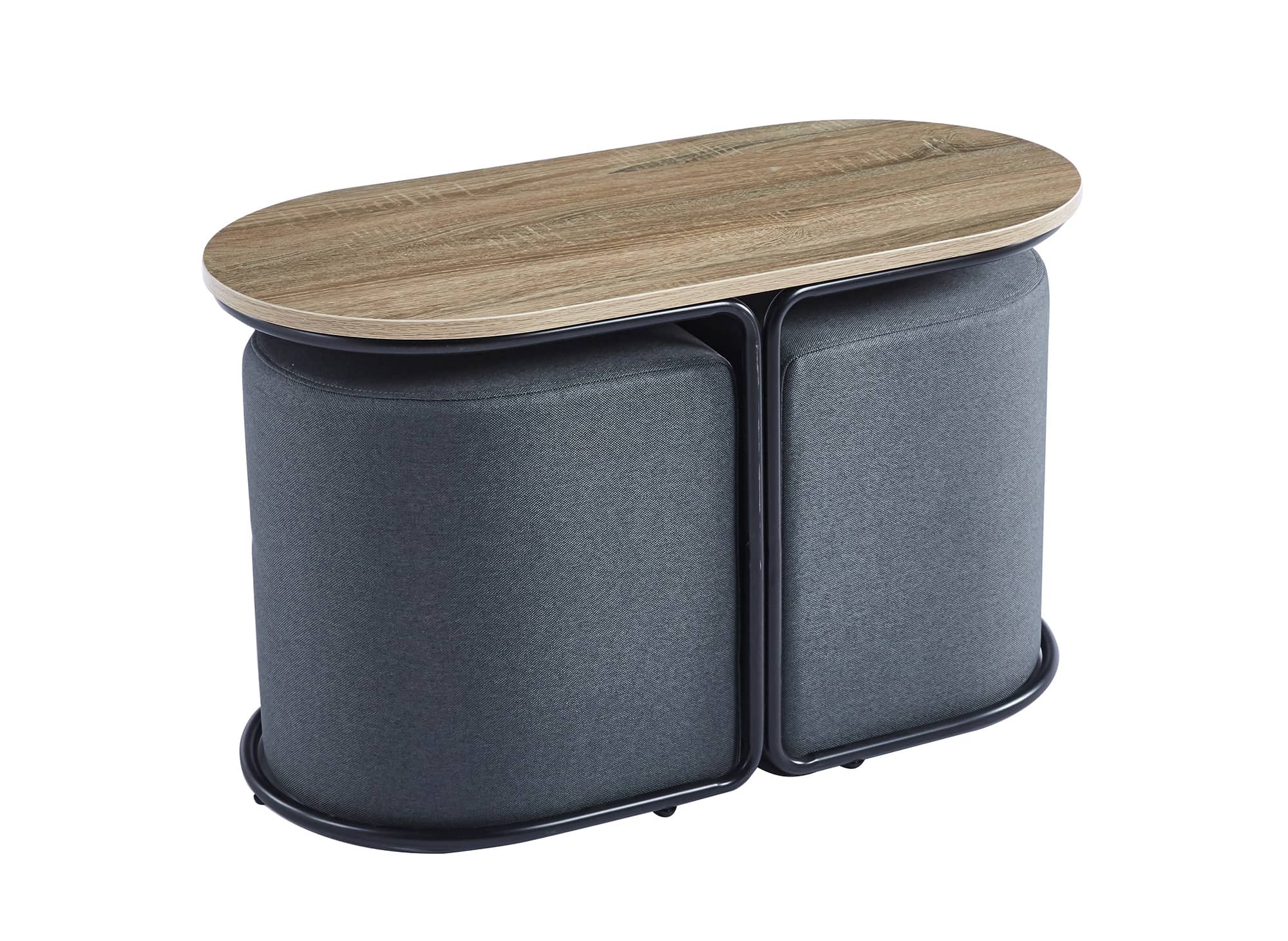 Ensemble table basse couleur bois avec 2 poufs en tissu gris foncé  JUDITH