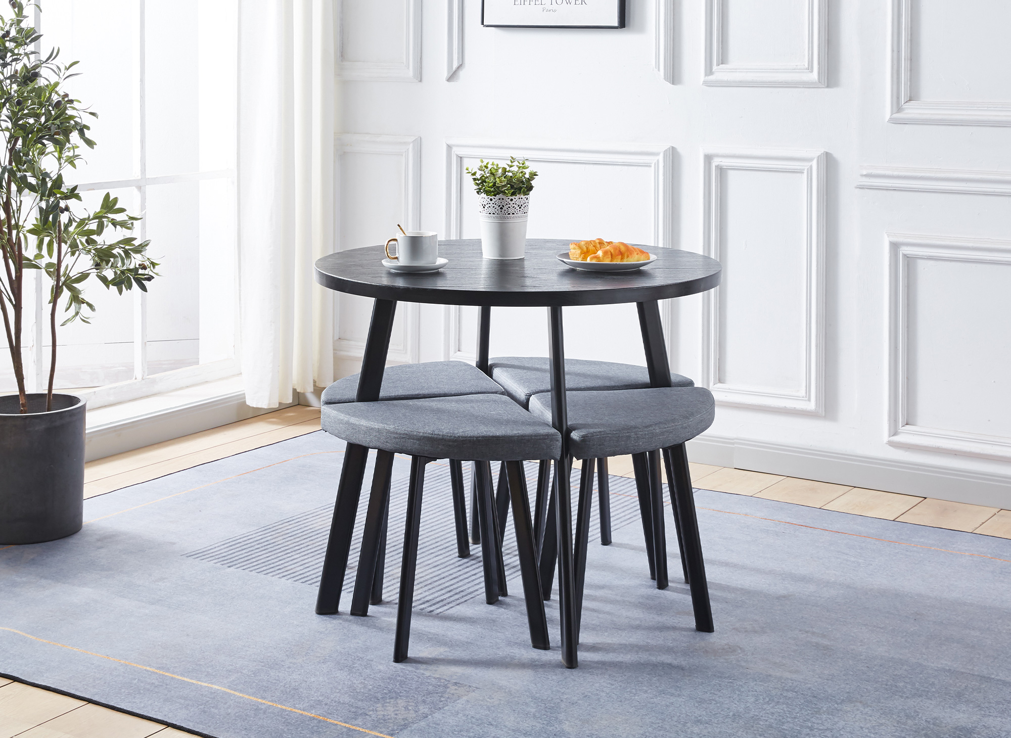 Ensemble table à manger en bois noir avec 4 tabourets gris IRINA