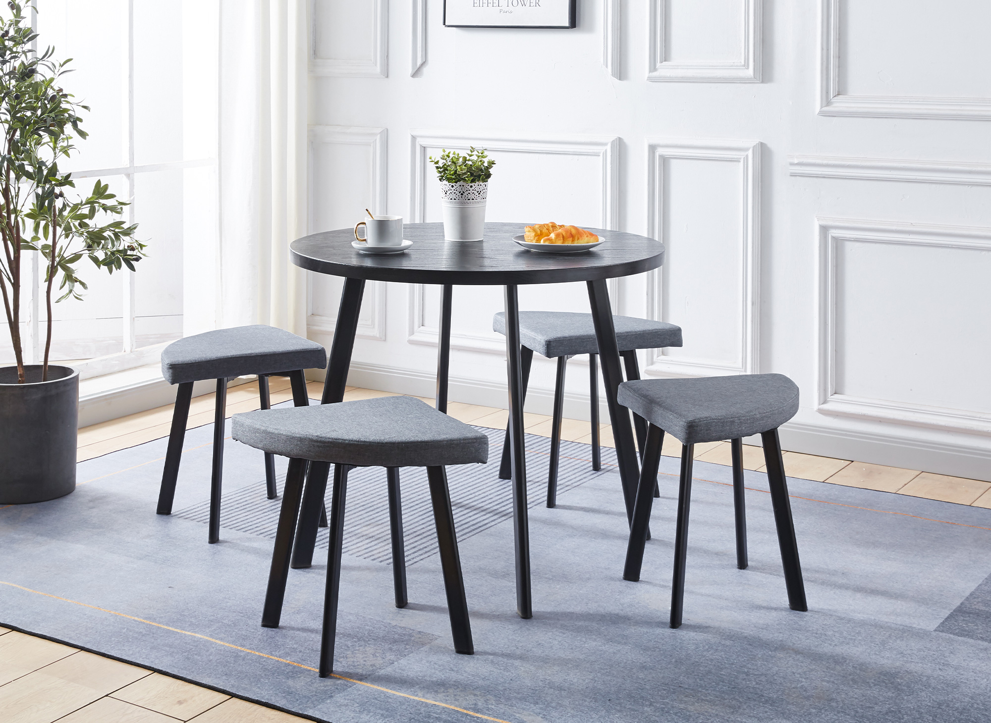 Ensemble table à manger en bois noir avec 4 tabourets gris IRINA