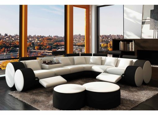 Canapé d'angle cuir blanc et noir + positions relax ROMA  - Angle Droit