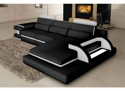 Canapé d'angle cuir noir et blanc design avec lumière IBIZA - Angle Droit