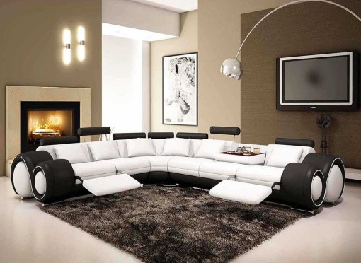 Canapé d'angle cuir blanc et noir + positions relax OSLO - Angle Gauche