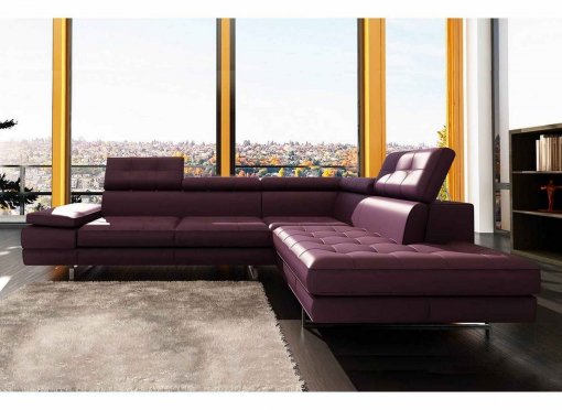Canapé d'angle capitonné en cuir violet + têtière relevable Fiona - Angle Droit
