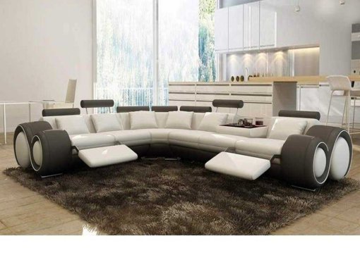 Canapé d'angle cuir blanc et gris + positions relax OSLO - Angle Gauche