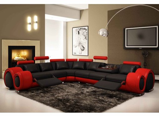 Canapé d'angle cuir noir et rouge + positions relax OSLO - Angle Gauche